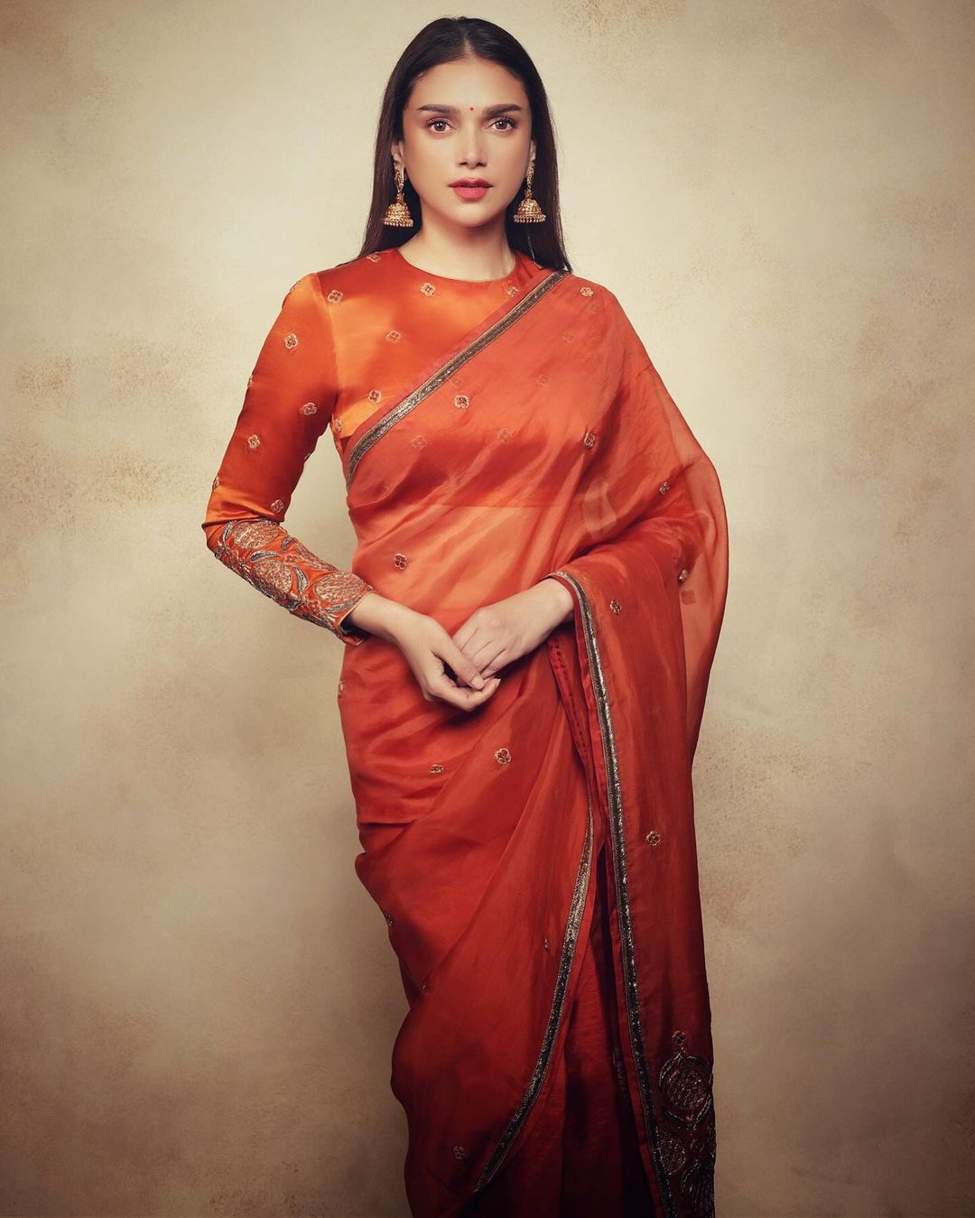 Bollywood Actress Aditi Rao Hydari In Orange Saree